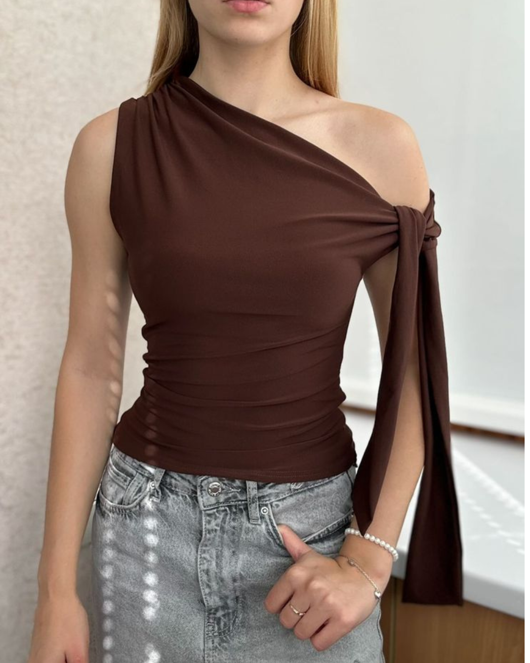 One-Shoulder Ruched Tie Top